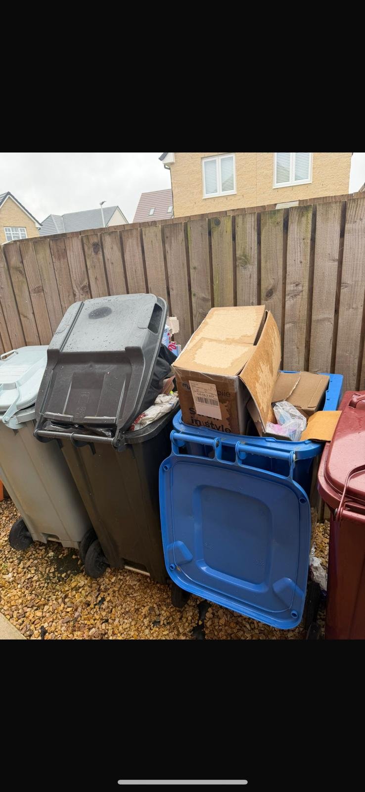 Overflowing bins and loose rubbish before clearance
